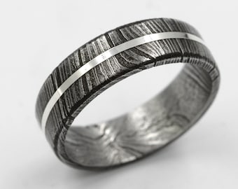 Damascus Steel  man wedding band silver lined band man woman jewelry for anniversary size 3 to 16 flat wedding band