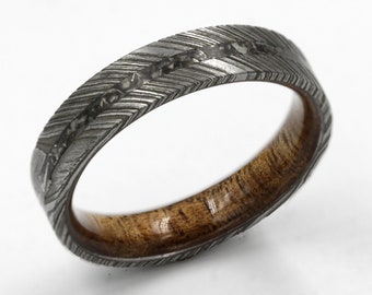 Meteorite ring man women , Damascus steel flat band lined with  Hawaiian Koa wood , Anniversary gift, Unique proposal gift personalized gift