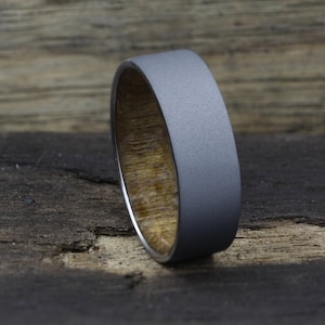 Titanium and Teak wood lined Men&#39;s Ring with Flat Profile | Stonewashed Matte Finish Titanium | Waterproof Wooden Wedding Band