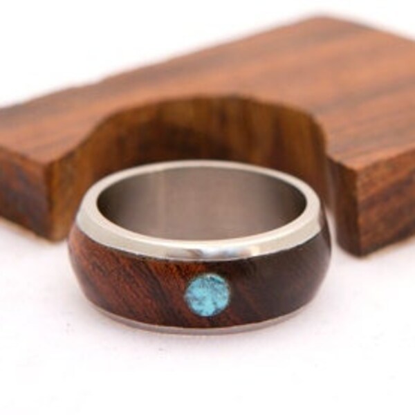 Titanium Ring Turquoise Ring Mens Wedding Band with wood ring and titanium ring turquosie mens ring