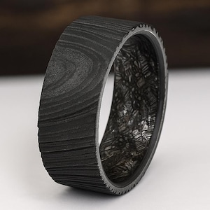 Meteorite wedding ring Black Damascus Band Flat man woman size Gibeon Meteo anniversary gift Comfort fit all sizes Star ring