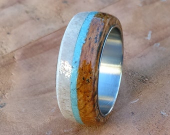 wood wedding ring ironwood turquoise antler man ring wedding band inlay flat band raw stone ring titanium engagement anniversary gift