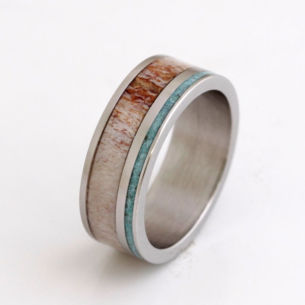 Antler man ring blue turquoise wedding band man ring titanium flat ring light ring hunter ring mens wedding band men women size 8 mm