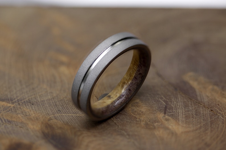 Red Garnet wedding ring fr man woman size whisky Barrel wood band bourbon wood ring titanium mens ring sandblasted raw stone image 2