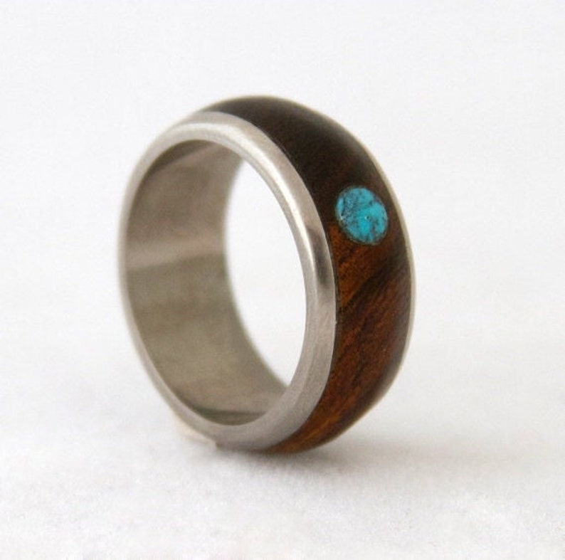 Titanium Ring Turquoise Ring Mens Wedding Band with wood ring and titanium ring turquosie mens ring image 3