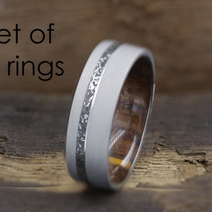 Set of 2 matching rings Meteorite men woman titanium ring sandblasted wedding band wood wedding ring men woman size 3 to 16 cocobolo ring