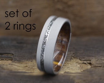 Matching Meteorite Titanium Wedding Band Set: Cocobolo Wood Rings