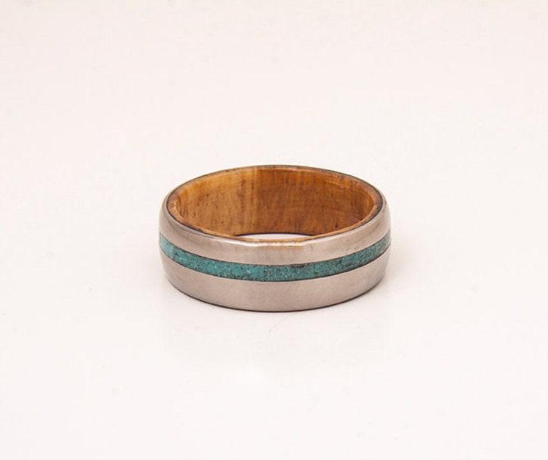 turquoise mens ring with olive wood ring wedding ring wooden ring lined with turquoise man woman jewelry image 2