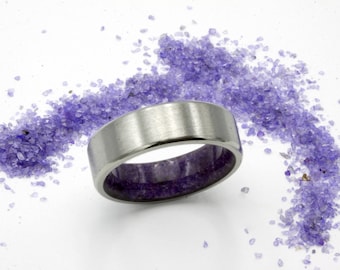 Amethyst Crystal Raw stone February Birthstone Ring band titanium beveled comfort fit Gemstone men women size