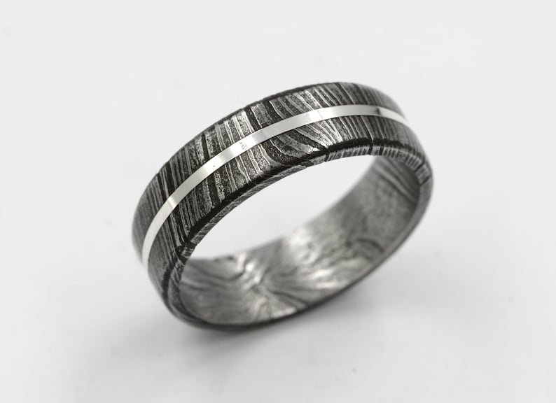 Damascus Steel man wedding band silver lined band man woman jewelry for anniversary size 3 to 16 flat wedding band