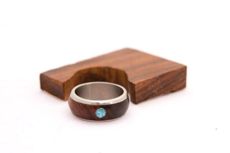 Titanium Ring Turquoise Ring Mens Wedding Band with wood ring and titanium ring turquosie mens ring image 1