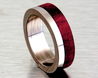 Mens Wedding Band with wood red heart tand titanium ring