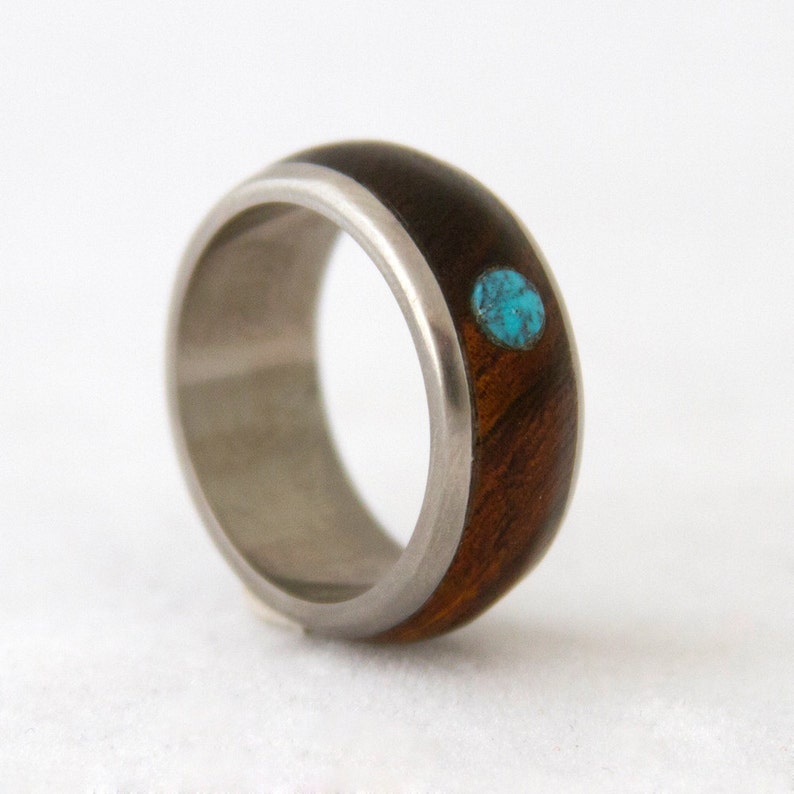 Titanium Ring Turquoise Ring Mens Wedding Band with wood ring and titanium ring turquosie mens ring image 2