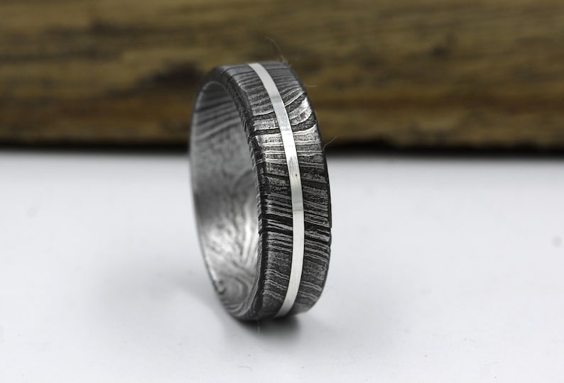 Damascus Steel man wedding band silver lined band man woman jewelry for anniversary size 3 to 16 flat wedding band