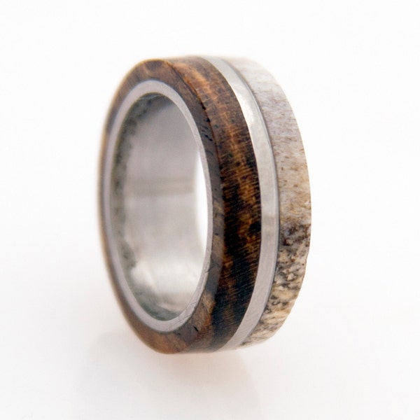 antler ring titanium ring with wood bocote deer antler band