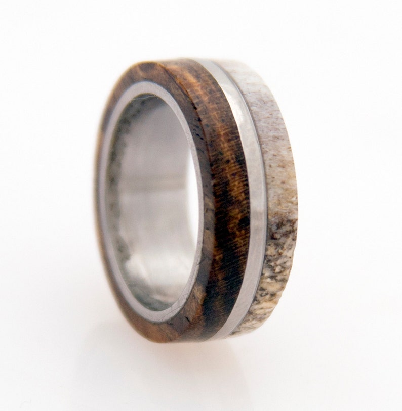 antler ring titanium ring with wood bocote deer antler band image 1