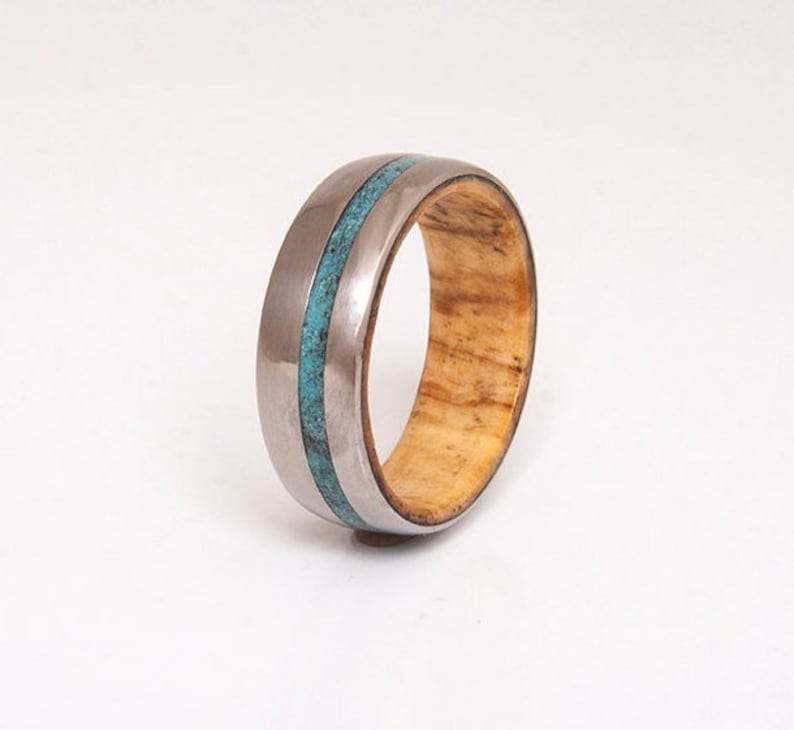 turquoise mens ring with olive wood ring wedding ring wooden ring lined with turquoise man woman jewelry image 1