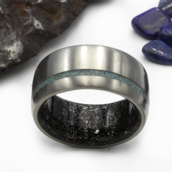 meteorite ring , mens wedding band , his her gift raw turquoise inlay dome band Anniversary gift titanium ring Unisex personalized gift