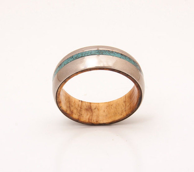 turquoise mens ring with olive wood ring wedding ring wooden ring lined with turquoise man woman jewelry image 3