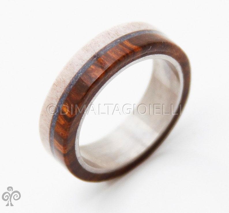 turquoise mens ring mens wedding band wood and antler with titanium and turquoise image 1