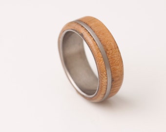 Mens Wood Ring WIth Titanium Ring Mens Wedding Band Silver Ring cherry ring