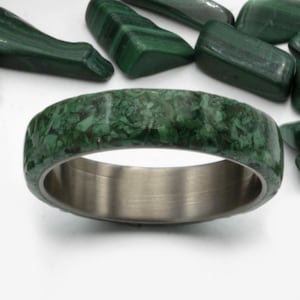 Raw Malachite Stone Titanium Wedding Band - 6mm Rounded Ring, May Birthstone - Anniversary Gift for Him or Her