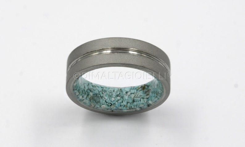 raw stone ring turquoise wedding band for an and woman all sizes sandblasted metal band flat profile lined comfort fit image 5