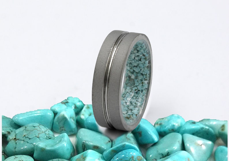 raw stone ring turquoise wedding band for an and woman all sizes sandblasted metal band flat profile lined comfort fit image 1