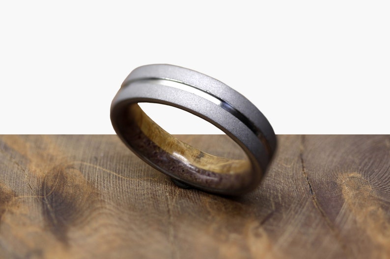 Red Garnet wedding ring fr man woman size whisky Barrel wood band bourbon wood ring titanium mens ring sandblasted raw stone image 1