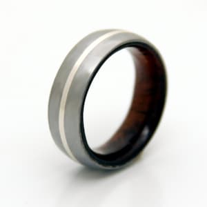 man wedding band wooden ring with Hawaiian koa lined with silver Mens Wedding Band hei her couple wood ring koa wood ring