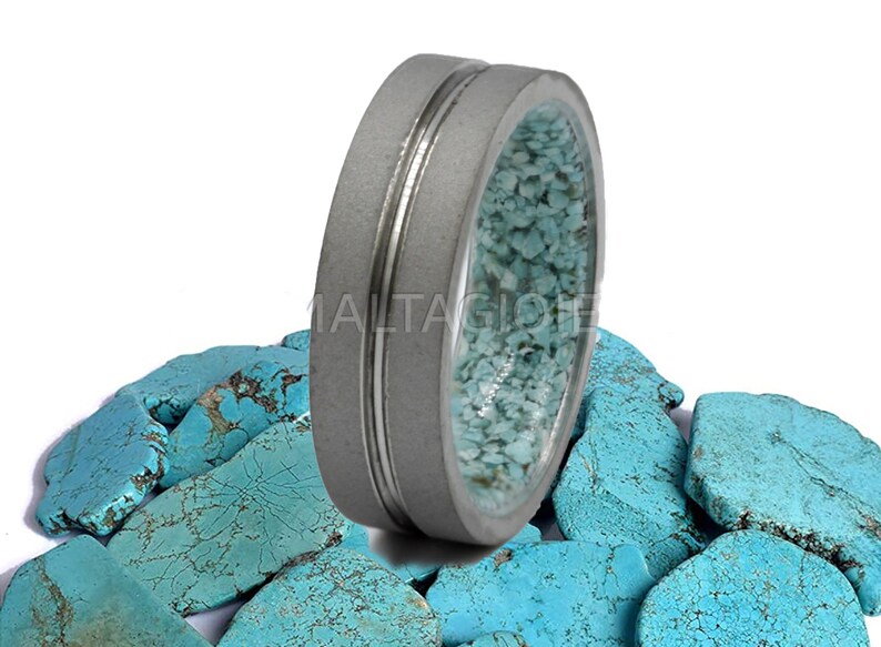 raw stone ring turquoise wedding band for an and woman all sizes sandblasted metal band flat profile lined comfort fit image 9