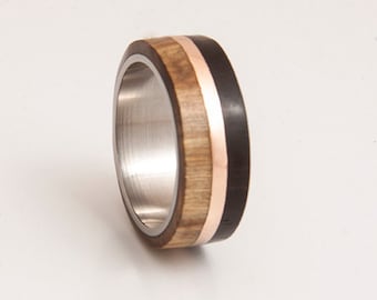 mens wedding band titanium ring with wood ebony olive copper stripe