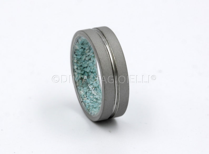 raw stone ring turquoise wedding band for an and woman all sizes sandblasted metal band flat profile lined comfort fit image 2