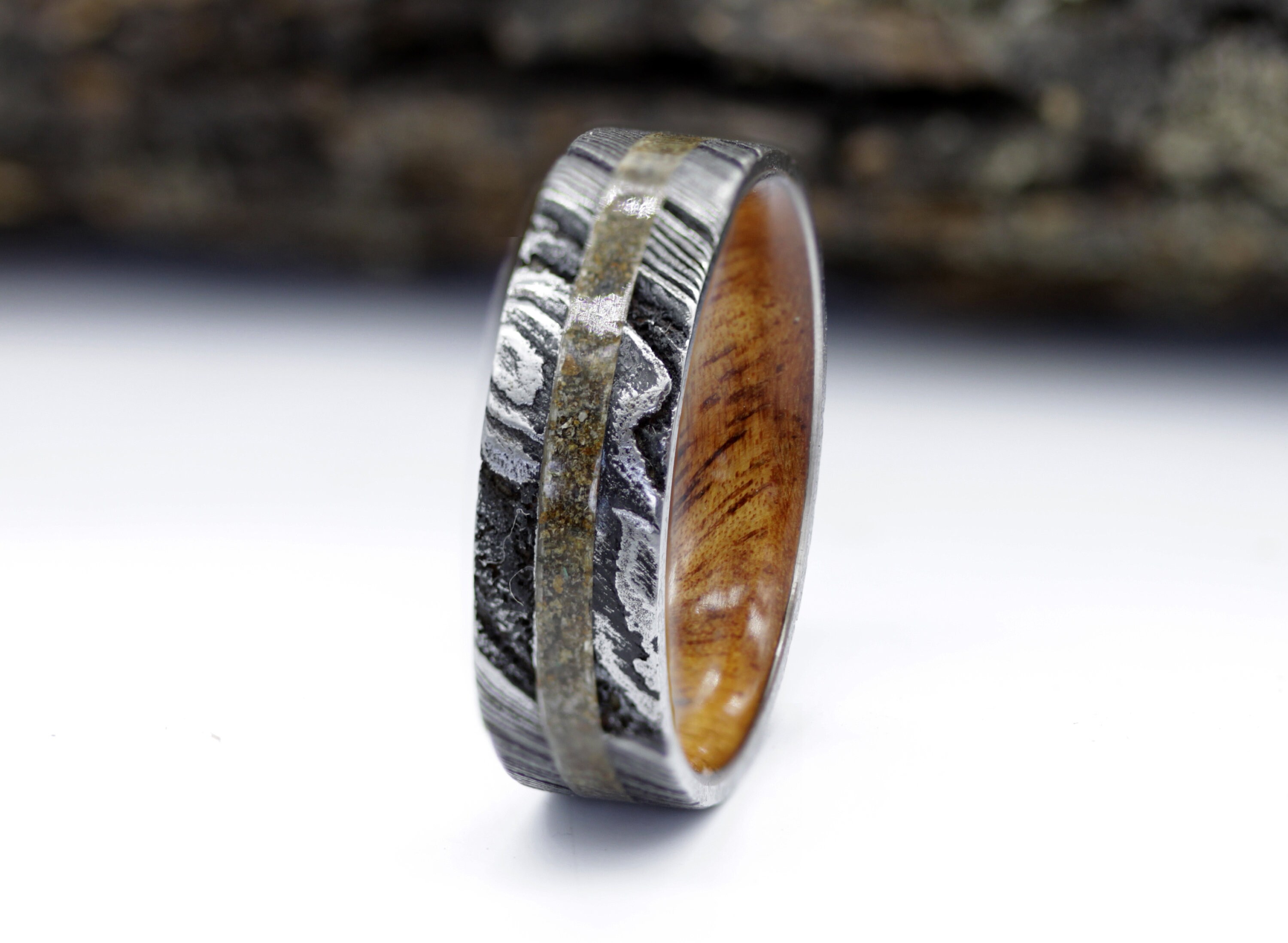 Petrified Dinosaur Bone Ring Damascus Wedding Band Hawaiian Koa Wood ...