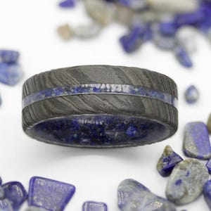 Lapis Lazuli ring men Damascus steel man ring black ring raw stone ring mens wedding band comfort fit women and men size