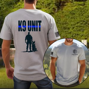 K9 Unit T-Shirt | Police K9 and Handler Silhouette with Thin Blue Line | Law Enforcement Support Tee