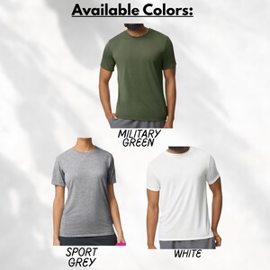 May include: Image showcasing three short-sleeved t-shirts in different colors: military green, sport grey, and white. The text "Available Colors:" is at the top. Each shirt is modeled on a person, with the color name displayed below each shirt.