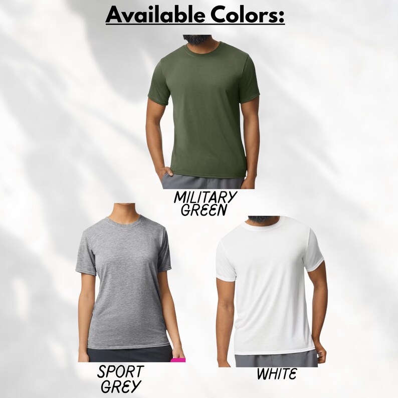 May include: Image showcasing three short-sleeved t-shirts in different colors: military green, sport grey, and white. The text "Available Colors:" is at the top. Each shirt is modeled on a person, with the color name displayed below each shirt.