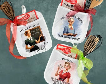 Set di presine regalo per insegnanti / Simpatico regalo da cucina per insegnanti / Set regalo per la pasticceria con frusta, spatola e preparato per dolci / Regalo di fine anno per insegnanti