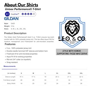 May include: White background with text about Gildan Unisex Performance T-shirts. Includes product details, features, and measurements in inches. A blue shield logo with a lion's head and the text "L.E.O. & CO." is also present.
