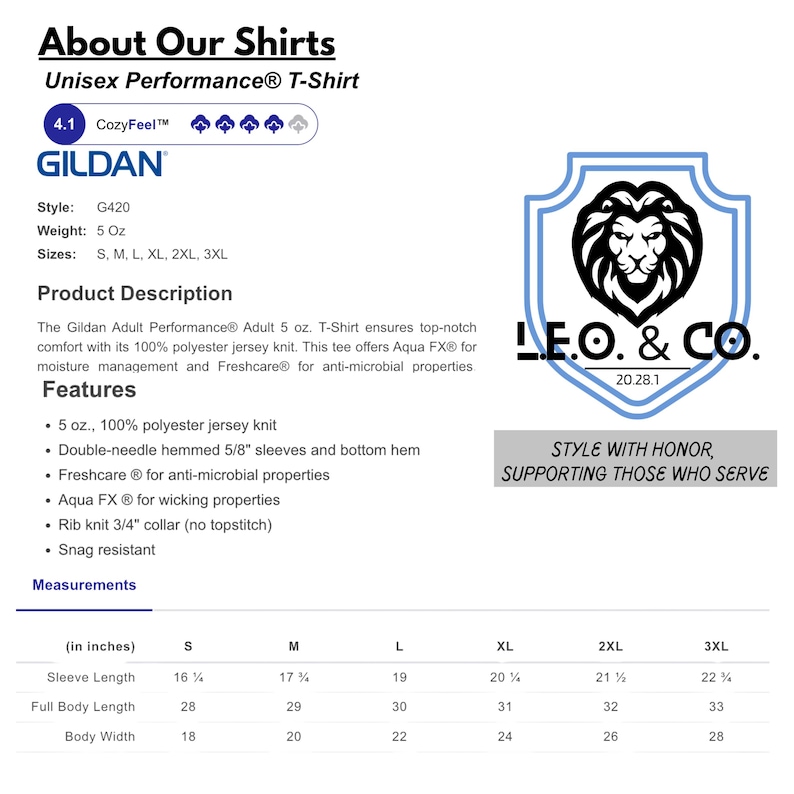 May include: White background with text about Gildan Unisex Performance T-shirts. Includes product details, features, and measurements in inches. A blue shield logo with a lion's head and the text "L.E.O. & CO." is also present.