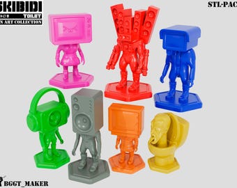 May include: A set of seven 3D printed figurines, each with a different head based on a popular internet meme. The figurines are painted in various colors, including pink, red, blue, green, gray, orange, and yellow. The figurines are all standing on hexagonal bases.