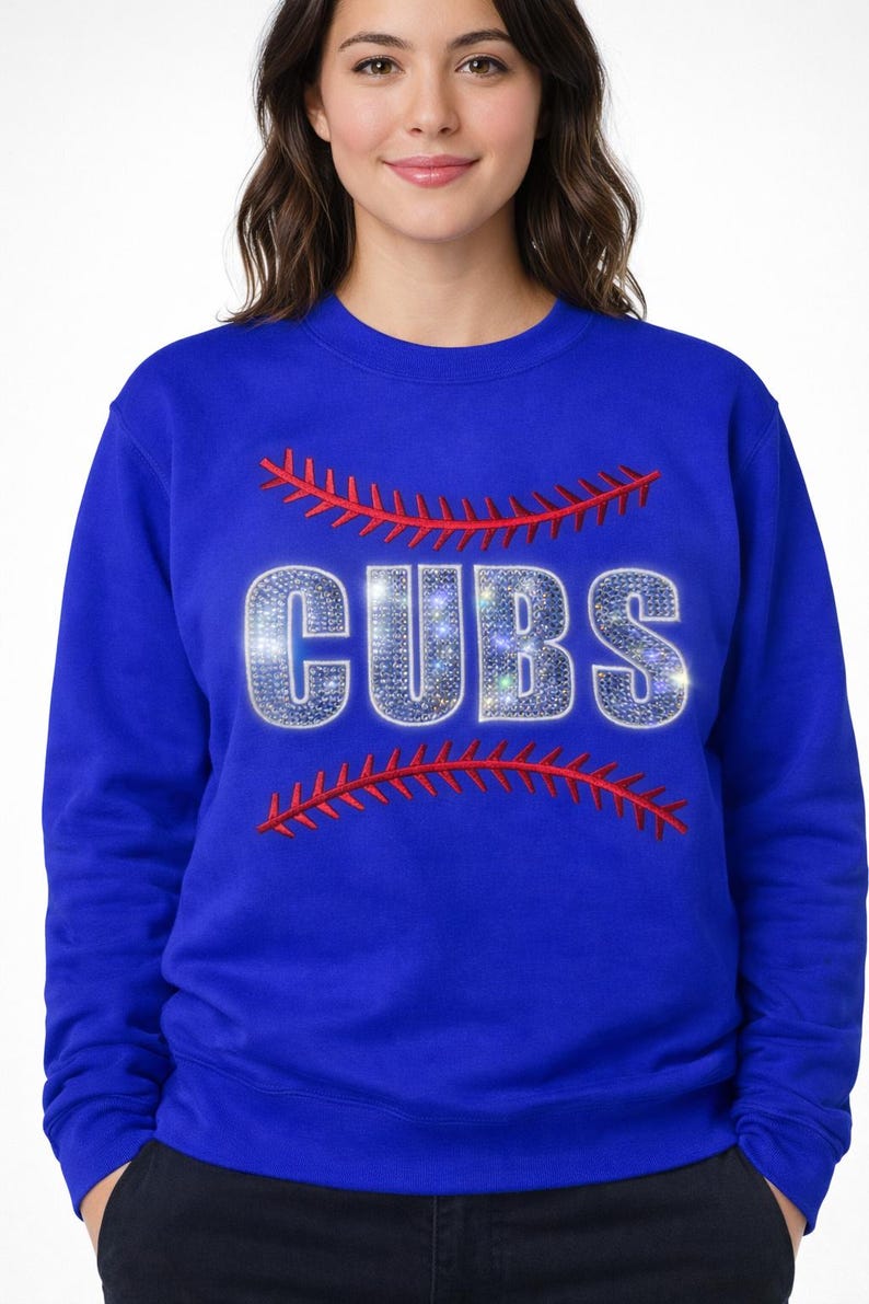 Cubs Bling Crewneck, Rhinestone & Embroidered Baseball Sweatshirt, Game ...