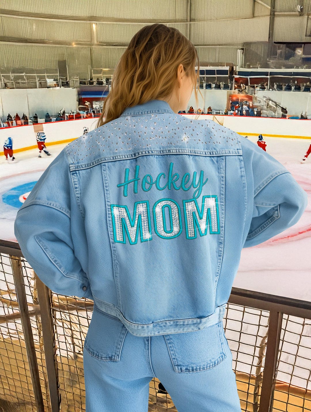 Custom Denim Jacket, Hockey Mom* Embroidery and Rhinestone Jean