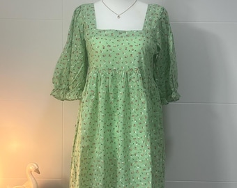 Green Cotton Midi Dress | Handmade Loose Fit | Feminine Soft Cottagecore |