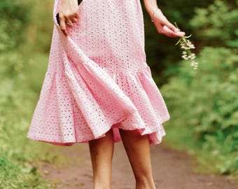 Blush Pink Cotton Eyelet Midi Dress: Cottagecore Bridesmaid Outfit