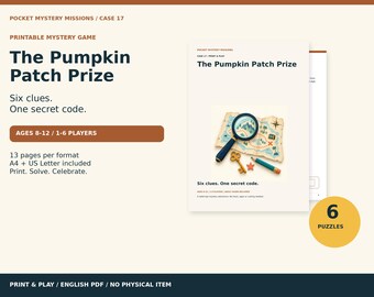 Pode incluir: Um jogo de mistério imprimível intitulado The Pumpkin Patch Prize, Case 17. O documento apresenta um mapa do tesouro, uma lupa, uma chave e um lápis. Inclui seis pistas, um código secreto, para 1-6 jogadores, 8-12 anos, 13 páginas no total.