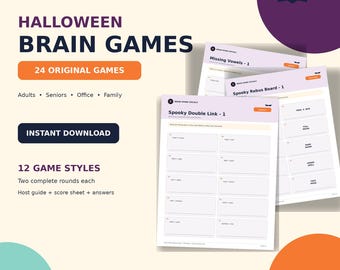 Pode incluir: Uma coleção digital de jogos cerebrais de Halloween com 24 quebra-cabeças originais em 12 estilos. O conjunto inclui folhas imprimíveis como Spooky Double Link, Missing Vowels e Spooky Rebus Board, além de guia, folha de pontuação e respostas.