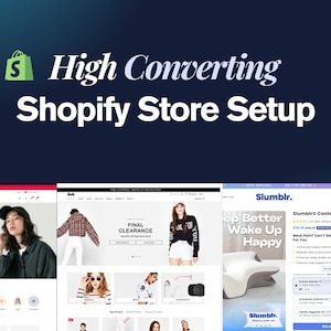 Könnte beinhalten: Bild zur Werbung für Shopify-Shop-Einrichtungsdienste. Das Bild zeigt den Text "High Converting Shopify Store Setup" über drei Website-Mockups. Die Mockups zeigen E-Commerce-Websites mit Kleidung und Schlafprodukten.