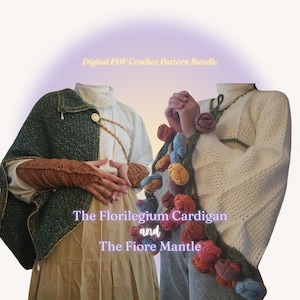 May include: Digital PDF Crochet Pattern Bundle featuring The Florilegium Cardigan and The Fiore Mantle. The image displays a dark green textured mantle with a gold clasp and brown arm warmers, alongside a white cardigan adorned with colorful crochet flowers.